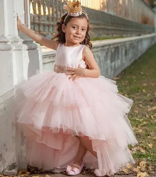 Gėlių Mergaičių Suknelės 2023 Aukšto Kaklo-Line Taško Tiulio Vaikai Vestuves Suknelė Visiškai Rankovėmis Lankas Ilgai Mergaitė Princesė Chalatai